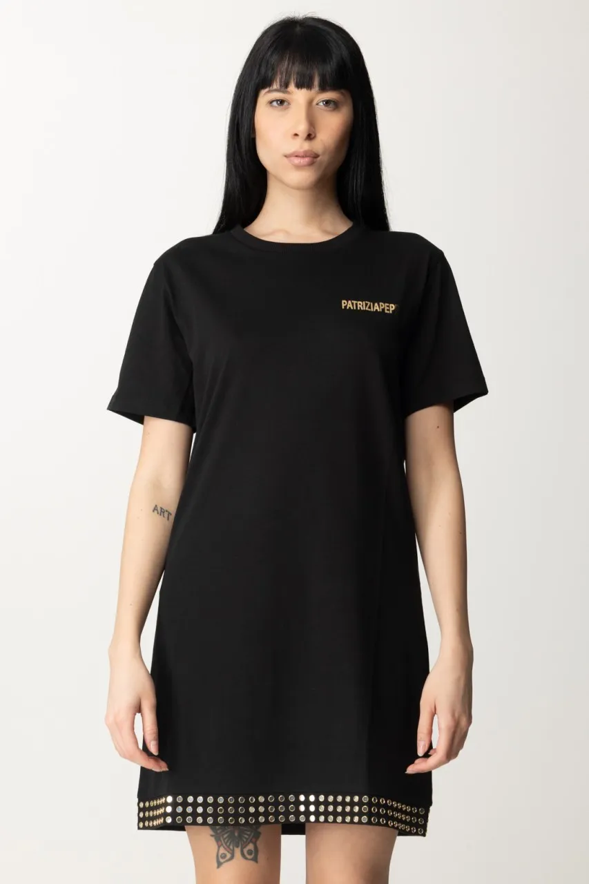 Abito mini con borchie e logo Nero