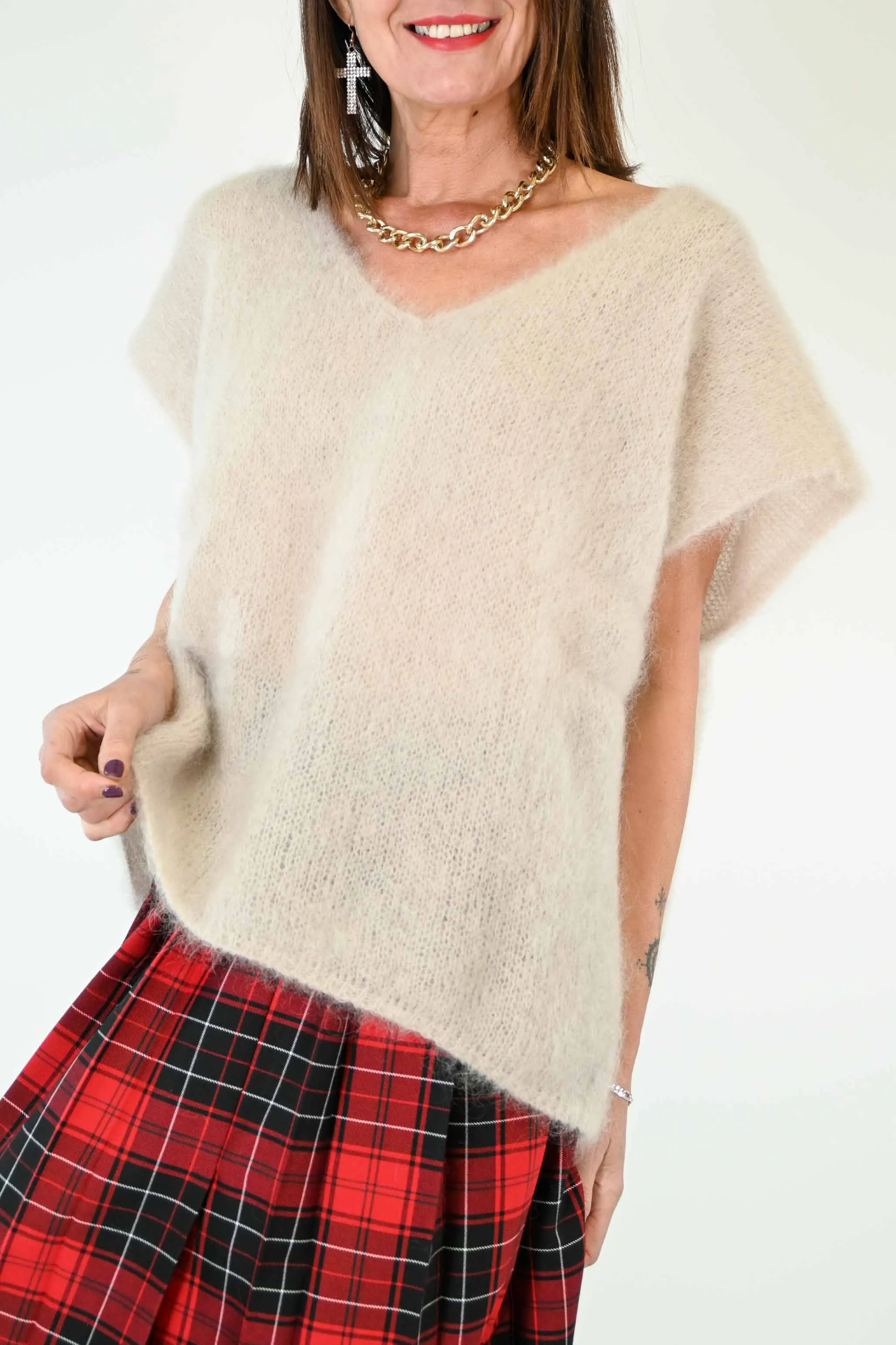 GILET OVER SCOLLO V IN KID MOHAIR COLOR BEIGE